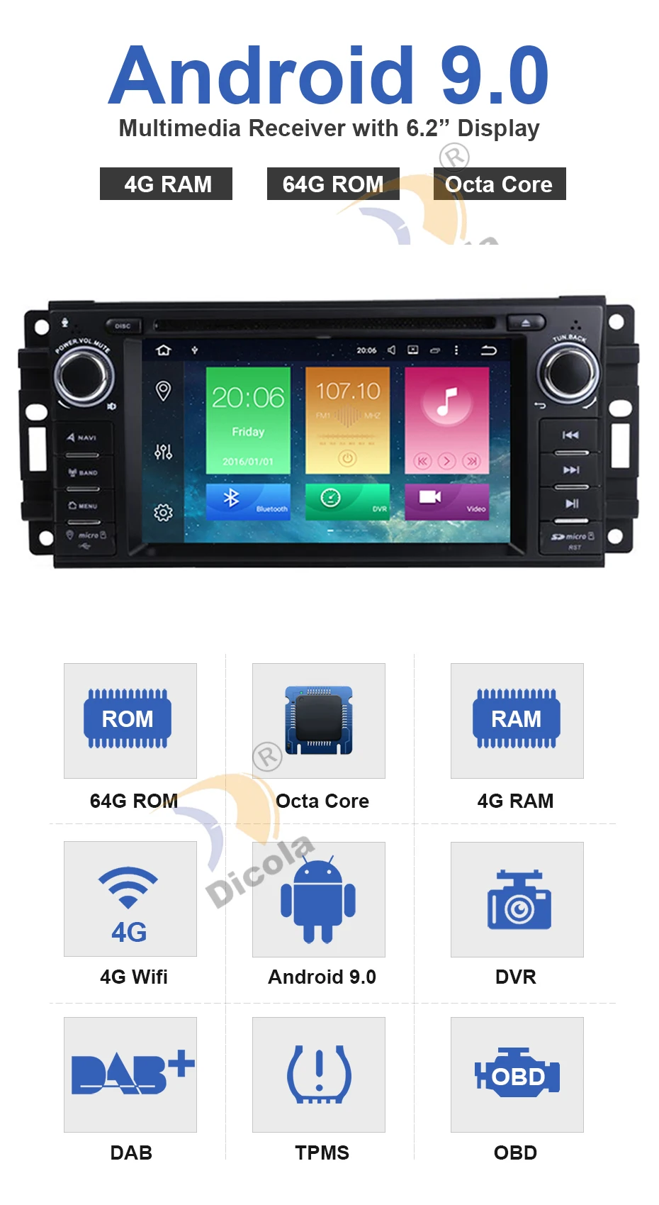 Discount 6.2" HD Octa Core 4G+64G Android 9.0 Car DVD for Jeep Cherokee 2008 2009 2010 Wrangler car stereo for Dodge radio for Chrysler 4