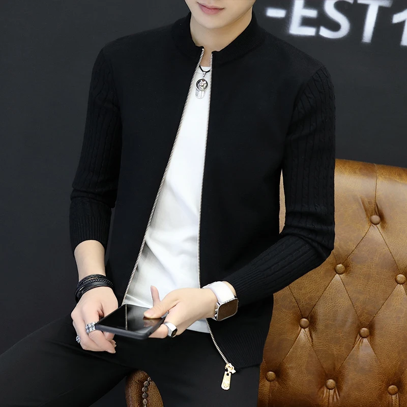 2019 new spring and autumn men's sweater cardigan Korean Slim long-sleeved trend woolen clothes jacket Chinese Style Black Gray 2019 new spring and autumn men's sweater cardigan Korean Slim long-sleeved trend woolen clothes jacket Chinese Style Black Gray