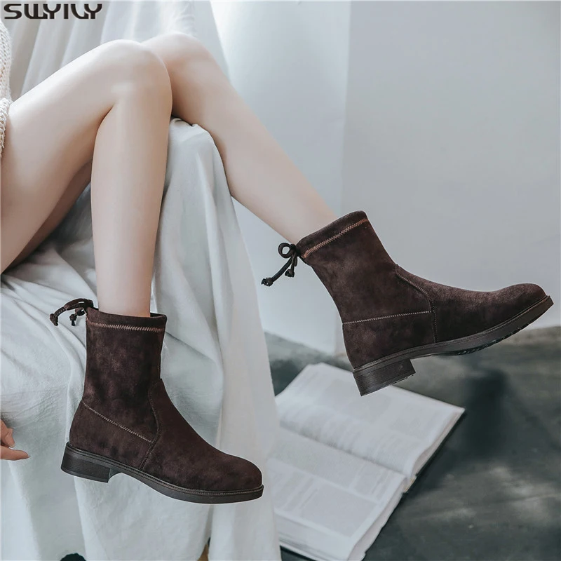 

SWYIVY Autumn Womens Boots Ankle Flock Casual Women's Shoes T New 2019 Winter Shoes Women Round Toe Platform Boots Ladies Black
