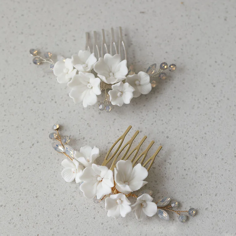 

SLBRIDAL Handmade Opal Crystal Rhinestone Pearls Ceramic Flower Bridal Hair Comb Earrings Wedding Hair Accessories Women Jewelry