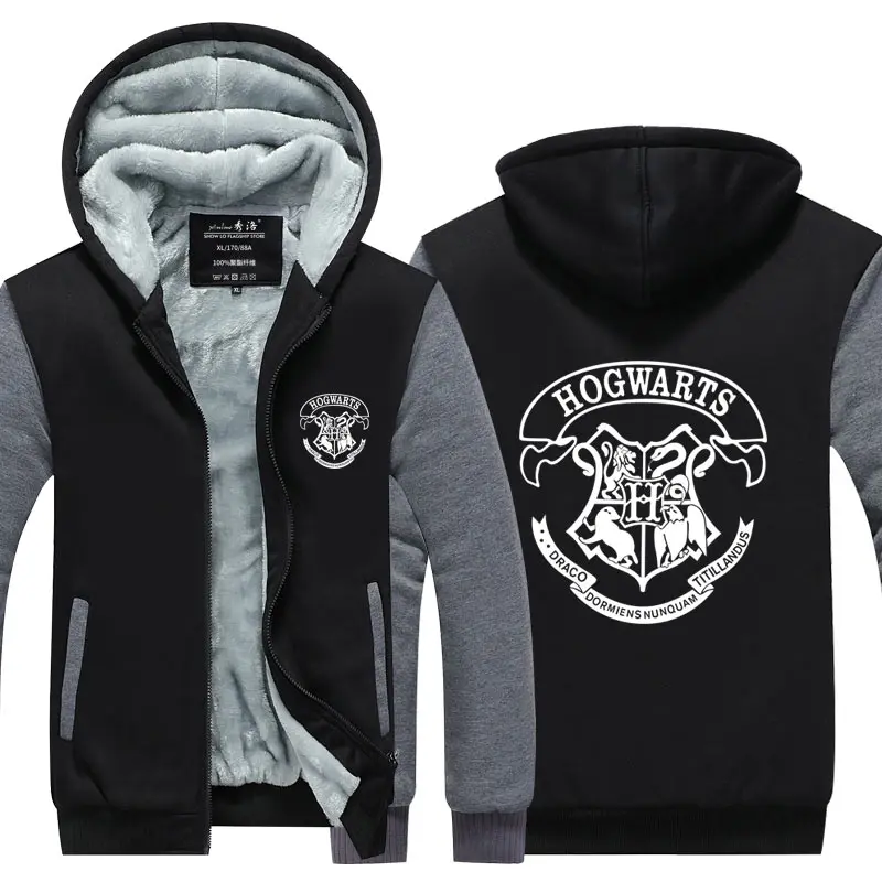 Winter Jacket Men Streetwear EU Size Plus Fleece Zip Up Hoodie Parka Casual Coat Wizardry Hogwarts Cosplay Costume Sweatshirt