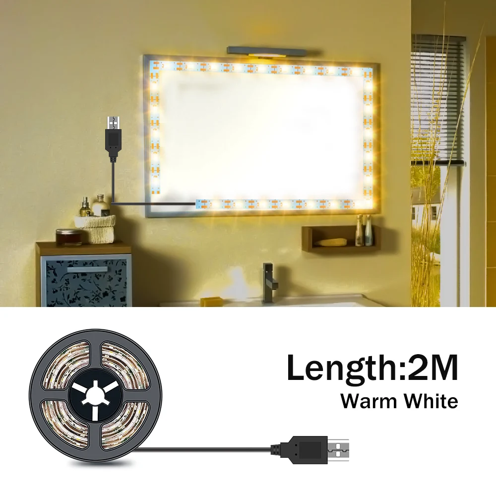 2M Warm White 5M Tocador con espejo светильник для макияжа, зеркальный светильник, USB, 5 В, туалетный столик, лампа для ванной комнаты, светодиодная лампа для туалетного зеркала, косметический светильник в полоску - Испускаемый цвет: 2M Warm White