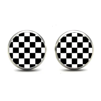 

New Design Black and White International chess Checkerboard Stud Earrings Handmade Glass Dome Earring Hypoallergenic Steel Studs