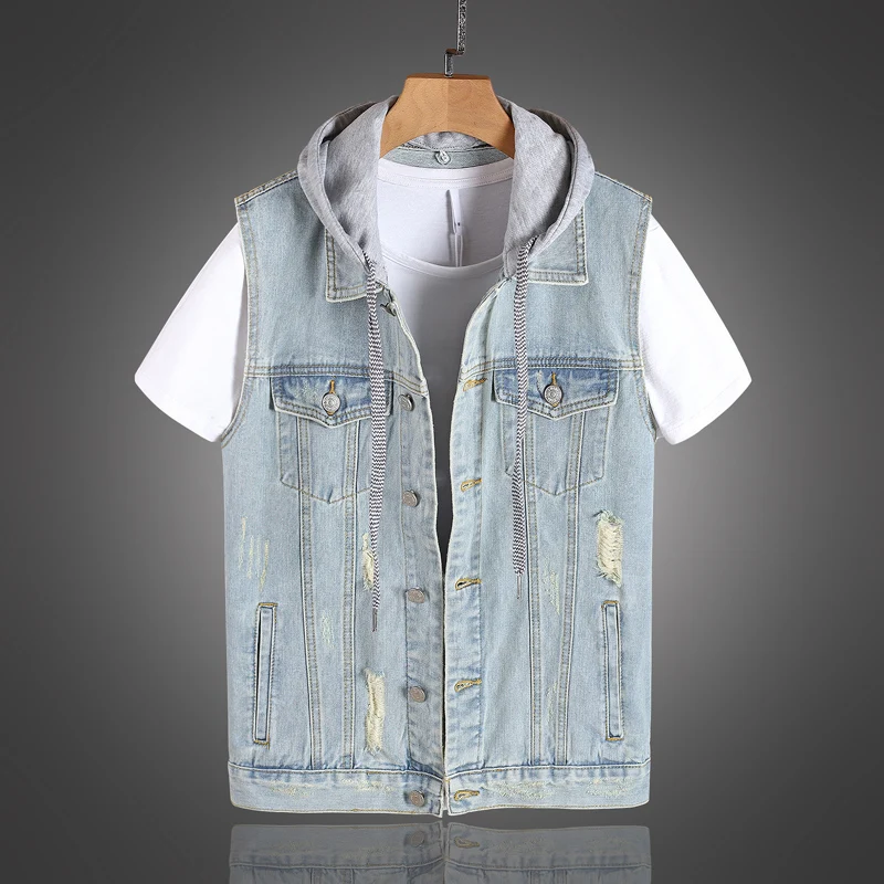 

British Fashion Men Vest Retro Light Blue Destroyed Ripped Hooded Denim Vest Men Streetwear Sleeveless Hip Hop Chaqueta Hombre