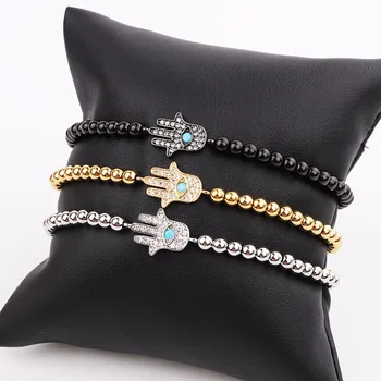 Classic Design CZ Pave Hand Charm Small Stainless Steel Beads Macrame Bracelet Women Men