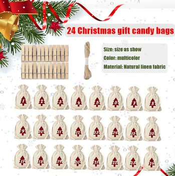 

DIY Bundle Jute Gift Bag Set Christmas Gift Candy Bag Hanging Decoration 24pcs Cloth BagS + 24 PCS Wooden Clamps +1-5m Hemp Rope