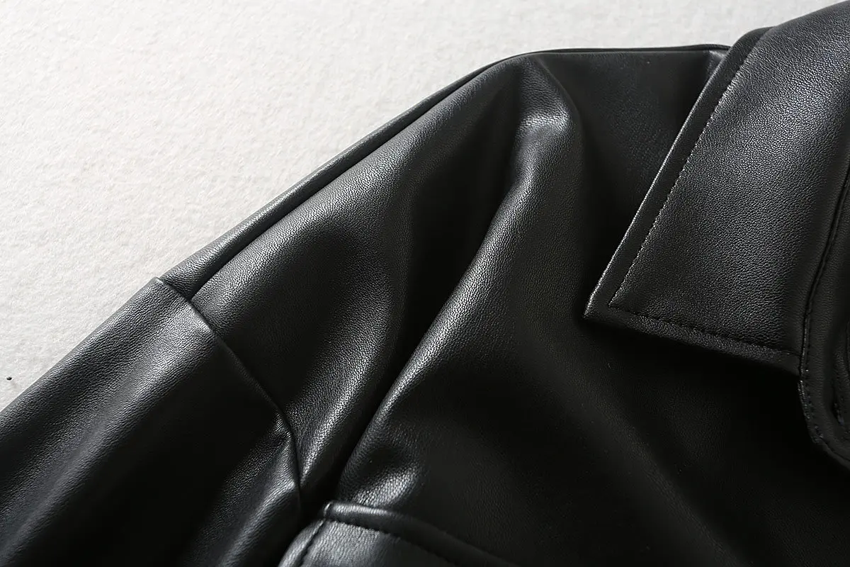 Осенняя женская куртка из искусственной кожи, мягкая искусственная кожа, отложной воротник, карман, пояс, верхняя одежда, пальто, черная Свободная куртка