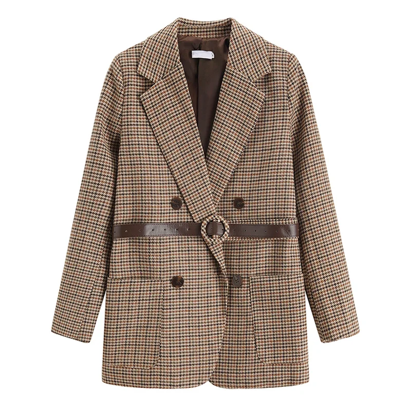 

2022 винтажный приталенный клетчатый костюм из твида, куртка, зимний плотный Женский блейзер, женский костюм, куртки с поясом, шерстяное пальто с длинным рукавом