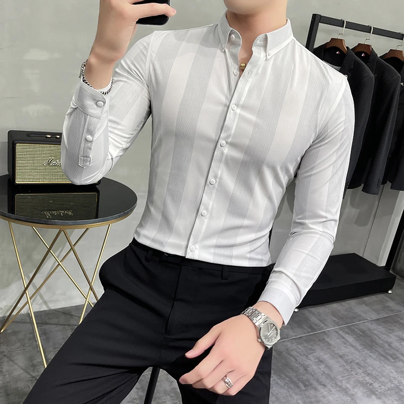 OIMG Camisa de manga larga para hombre, camisa de rayas anchas a ajustada, coreana, de manga larga, otoño|Camisas informales| - AliExpress