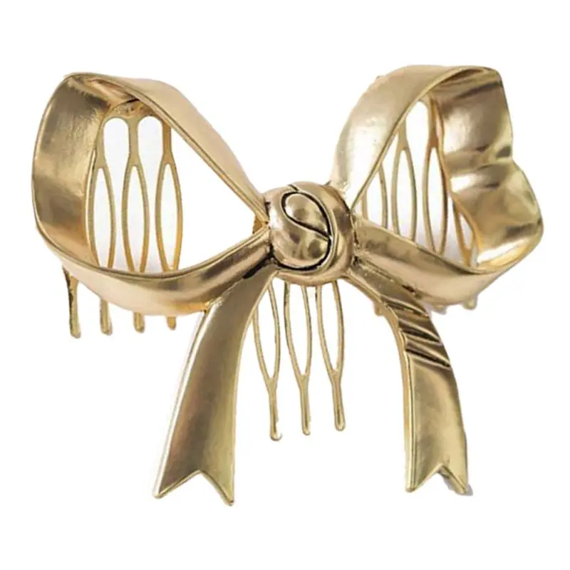 

Womens Metal Alloy Golden Bowknot Hair Comb Wedding Bridal Prom Party Bun Ponytail Holder Clamp French Style Vintage Hairpin