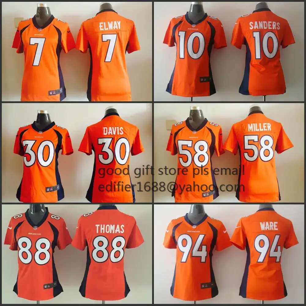 Сшитые женские футболки Denver s ladies 94 demarus Ware 7 John Elway 58 Von Miller 88 Demaryius Thomas 30 Anthony Davis