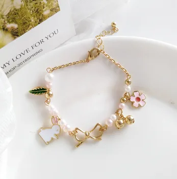 

Korean Cute Bunny Pearl Bracelets for Women Sweet Bow Leaves Girl Charm Bracelet Fashion Simple Jewelry Gifts