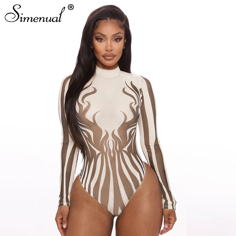 

Simenual Bodycon Long Sleeve Autumn Bodysuits For Women Fashion Skinny Print Mock Neck Casual Bodysuit Hot Sale Female Clothing