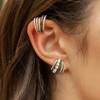 

Women Fashion Stackable Wide Ear Cuffs Earrings Pearl Rhinestone Cartilage Clip on Earrings Earcuff Without Piercing Jewelry