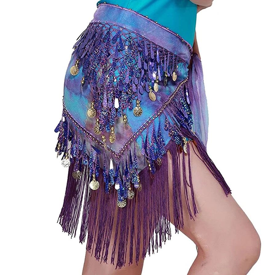 Ceinture Danse Orientale Avec Glands - Foulard De Hanche Ajustable - Paillettes, Couleur Mauve Clair - Pour Spectacles, Fêtes