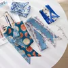 Summer French Retro Blue Tied Hair Small Floral Long Silk Scarf Headband Braided Hair Chiffon Thin Ribbon Scarf 1