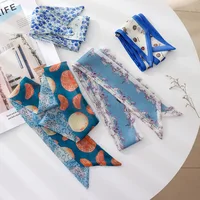 Summer French Retro Blue Tied Hair Small Floral Long Silk Scarf Headband Braided Hair Chiffon Thin Ribbon Scarf 1