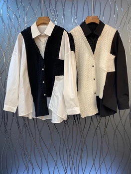 

2020 Autumn new women's lapel color matching knitted decorative long sleeve fake two-piece top 925