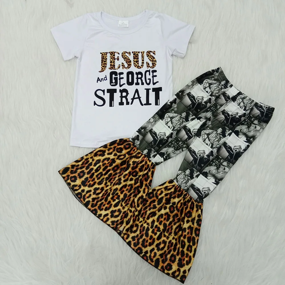 Tenue de pâques jour boutique pour fille | Haut pour enfants avec des lettres de jésus et un motif léopard, ensemble pantalon cloche