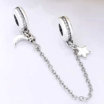 

Original Sparkling Moon & Star With Crystal Safety Chain Beads Fit 925 Sterling Silver Bead Charm Bracelet Diy Jewelry