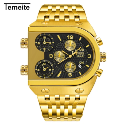 Лучший бренд TEMEITE часы мужские с большим циферблатом 3 часовых поясов военные часы водонепроницаемые роскошные золотые спортивные мужские часы Relogio Masculino - Цвет: gold black