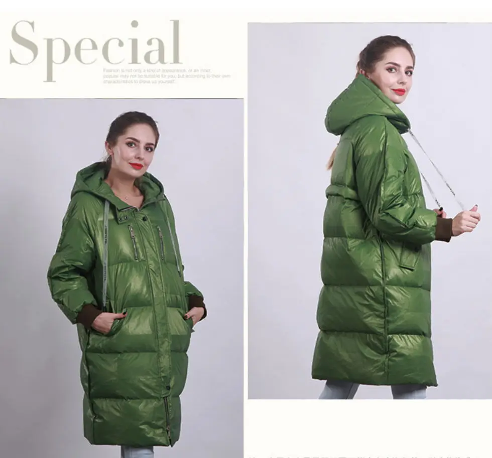Down Jacket Female New Long Hooded Casual Loose Winter Warm Women's Down jacket green