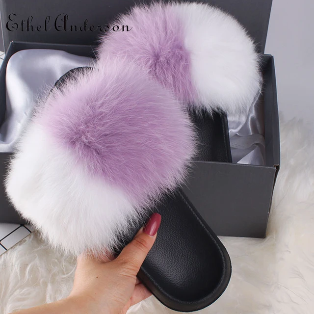 2021 Hot Sale Women Real Fox Fur Slippers Multi-color Summer Fashion Slides Casual Female Furry Shoes As picture