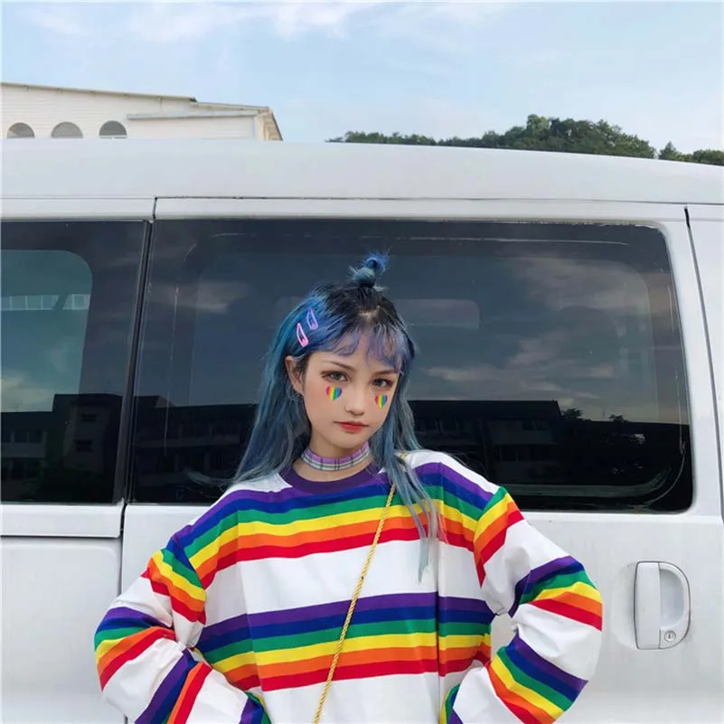 Женская Осенняя футболка, корейские Топы Ulzzang Harajuku, радужная полосатая футболка для женщин, футболка с длинным рукавом, женская повседневная одежда
