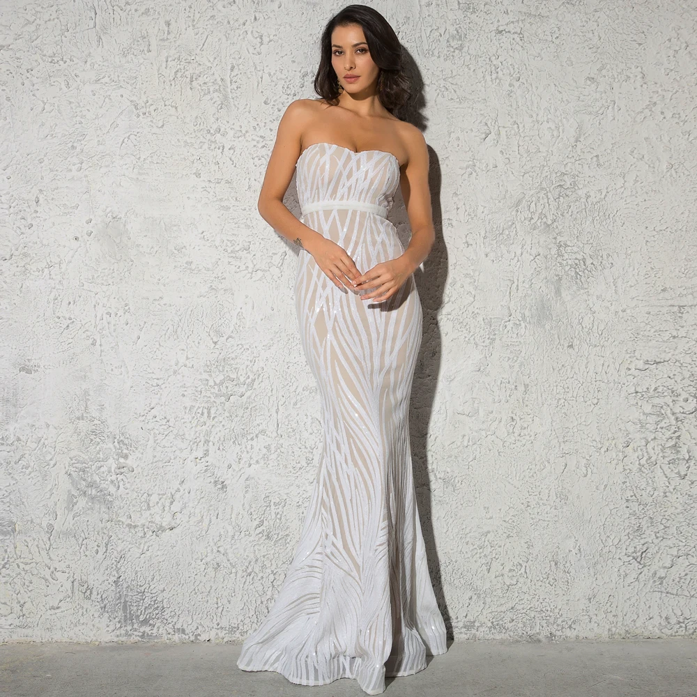 

White Sequined Strapless Sheath Evening Party Maxi Dress Padded Striped Sleveless Bodycon Stretchy Long Party Dress
