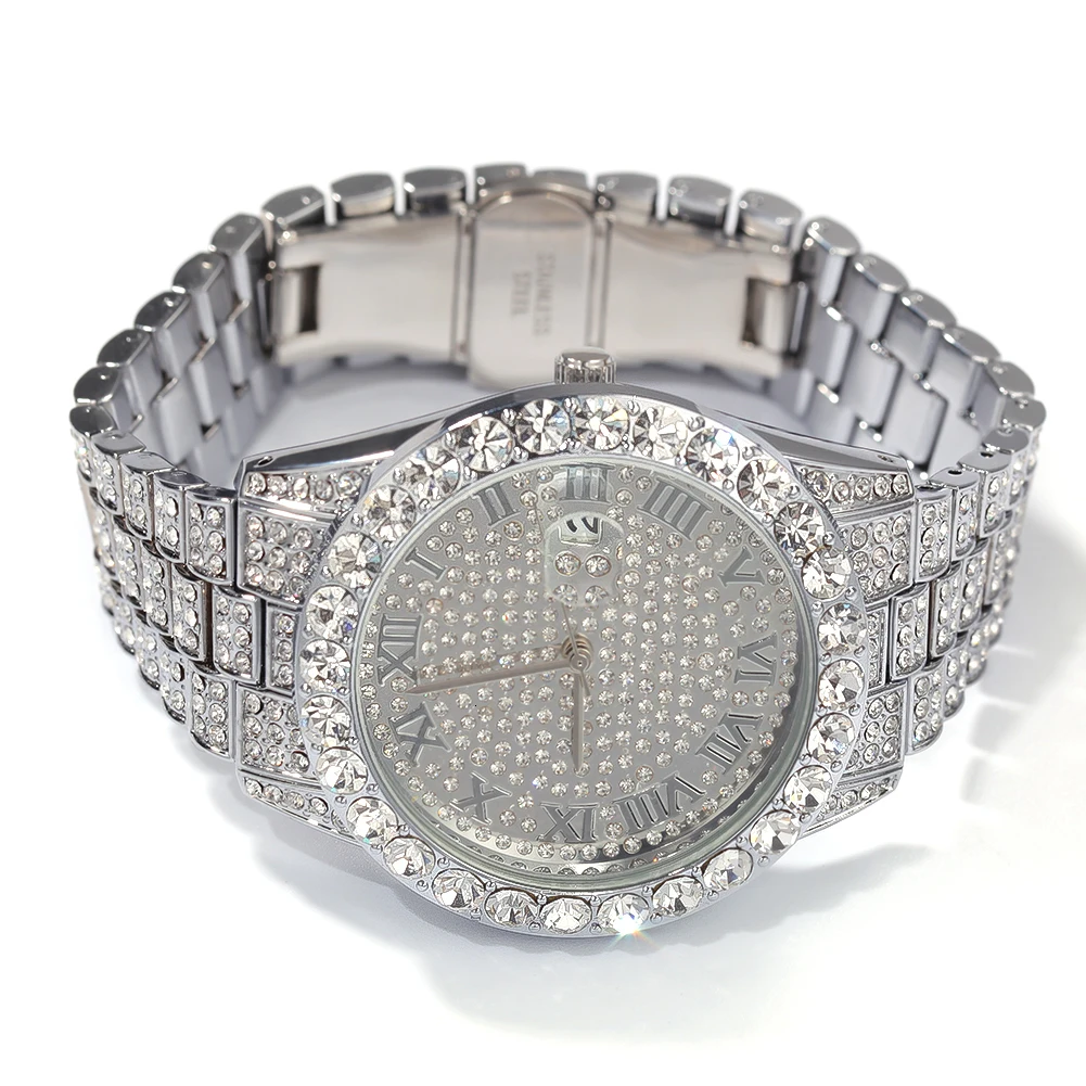 Uwin большой циферблат Полный Iced Out мужские часы нержавеющая сталь модные роскошные стразы кварцевые наручные часы бизнес часы
