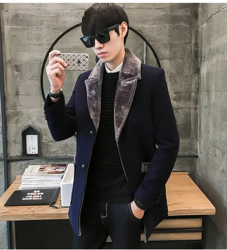 Fur Collar Trench Coat Men Wool Blend Winter Coat Slim Fit Men Manteau Homme Mid-Long Black Grey Mens Trench Coat Blue 4xl 5xl