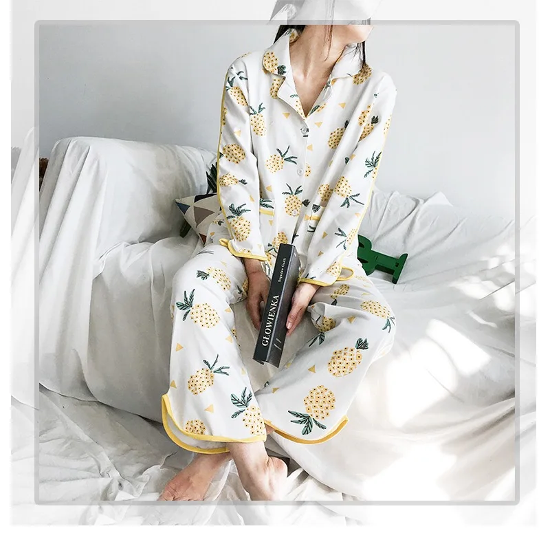Женский пижамный комплект из чистого хлопка с милым рисунком ананаса, с отложным воротником, с длинными рукавами, женский кардиган+ штаны, 2 предмета, домашняя одежда