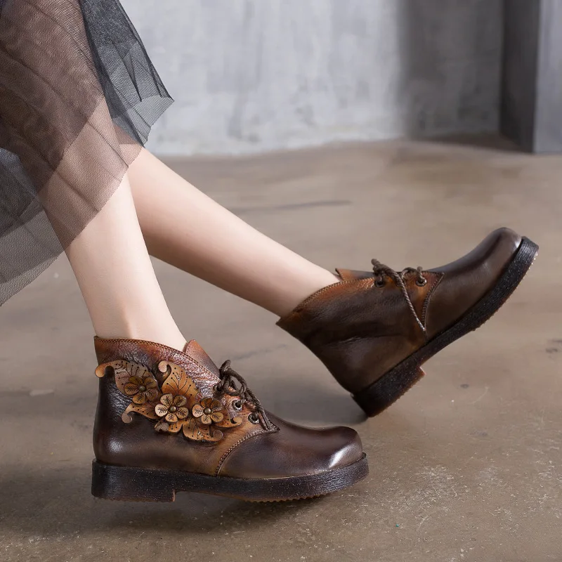 

Partial Big Handmade Short Lace Round Single Head Layer Cowhide Female Boots