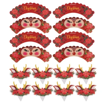 

24 Sets Christmas Deer Cake Decor Cupcake Wrappers and Toppers for Party