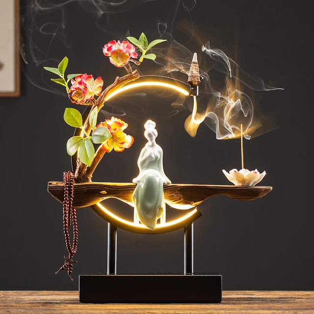 Waterfall Backflow Incense Burner Lady Flower Ceramic Incense Holder with LED Light Zen Buddha Censer Flower Incense Stick Rack Style 3