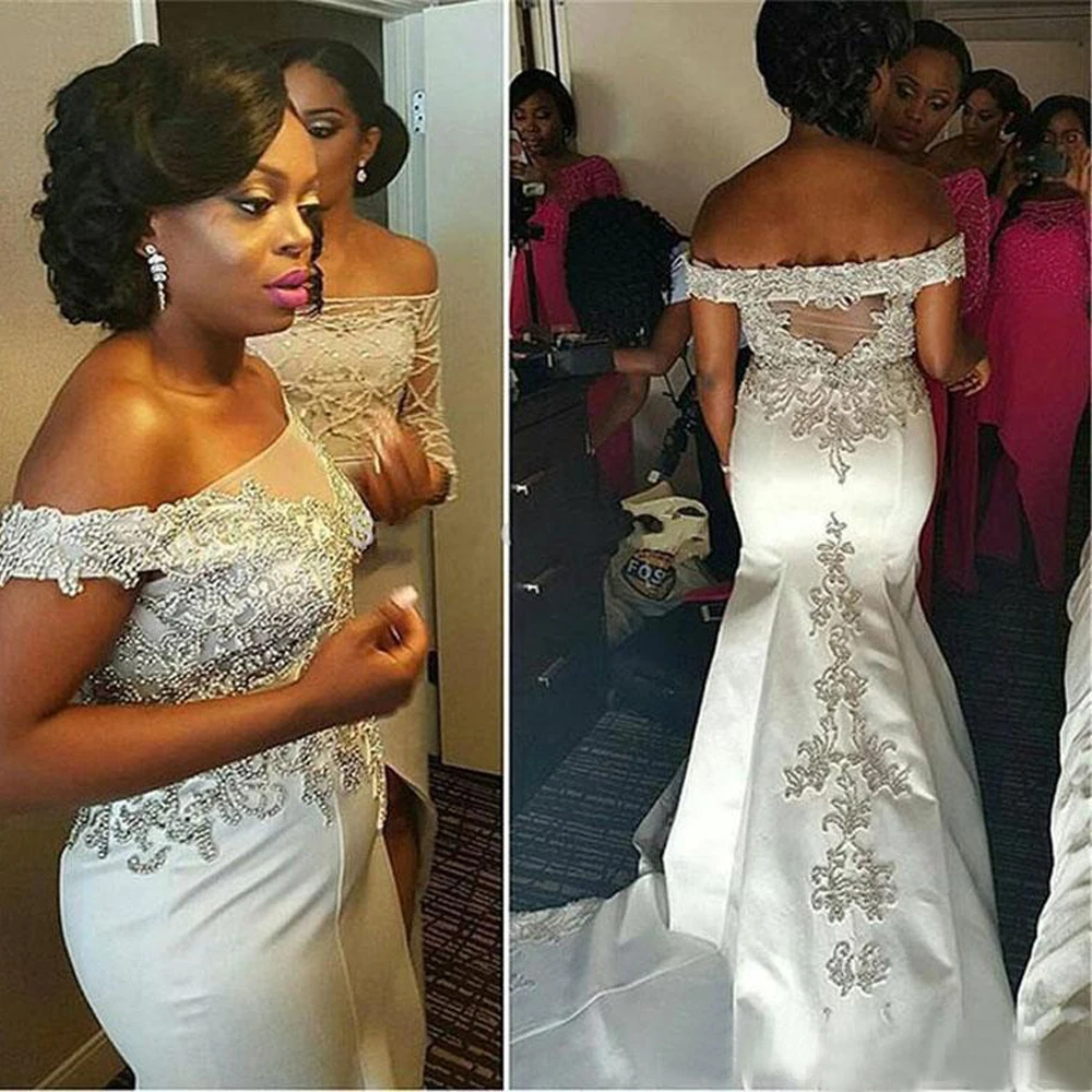 

Nigerain 2020 Luxury Off Shoulder Wedding Dress Formal Appliqued Backless Sweep Train Mermaid Party Gown Bridal Dress