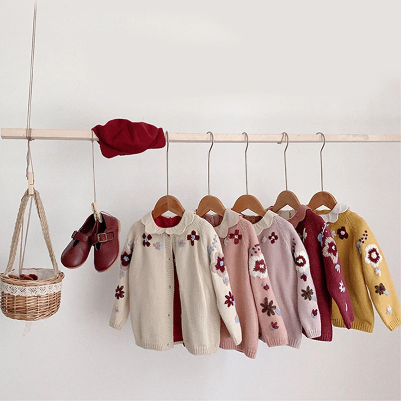 Милый свитер для малышей с длинными рукавами и цветочной вышивкой; зимние детские кардиганы с длинными рукавами; куртки для маленьких девочек; пальто для детей; топы