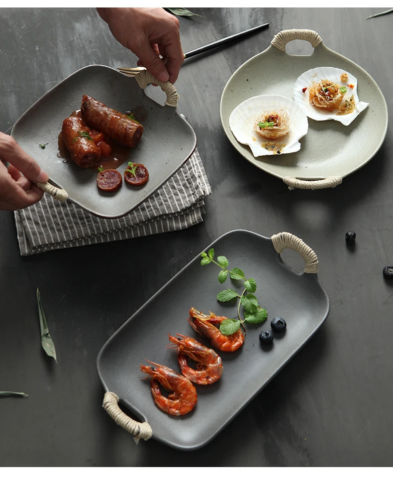 FANTERCY Cuisine Fruit Plate Sushi Plate Binaural Twine Various Shapes Ceramic Plate Matte Color Glaze Creative Baking Tray