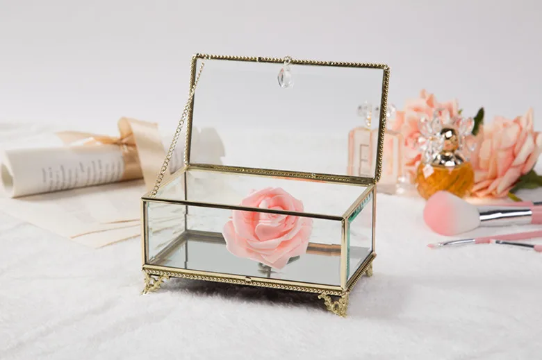 Ретро дисплей ювелирных изделий стеклянная коробка Покрытие Серебряное золото кружевные украшения коробка домашнего рабочего стола