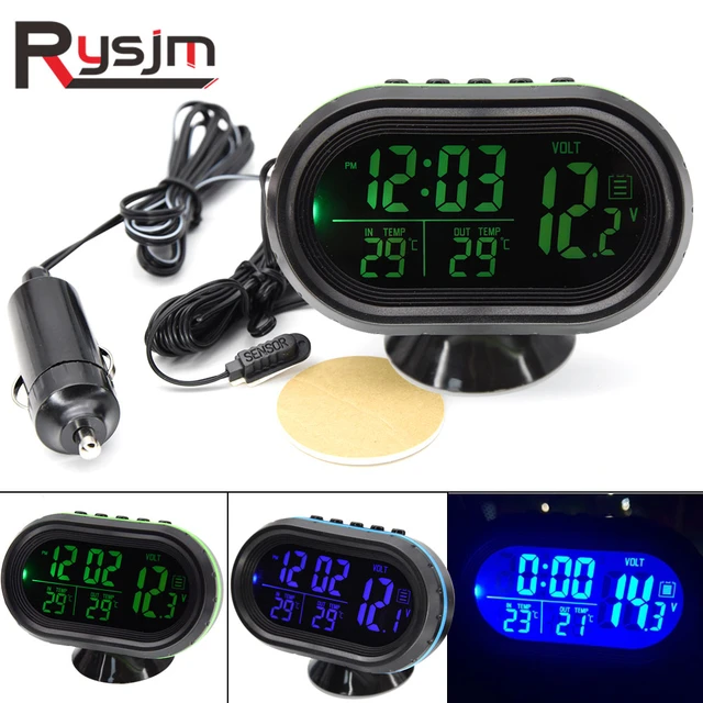 3 En 1 voiture numérique thermomètre automatique voltmètre horloge volt  moniteur de température 12v extérieur intérieur led