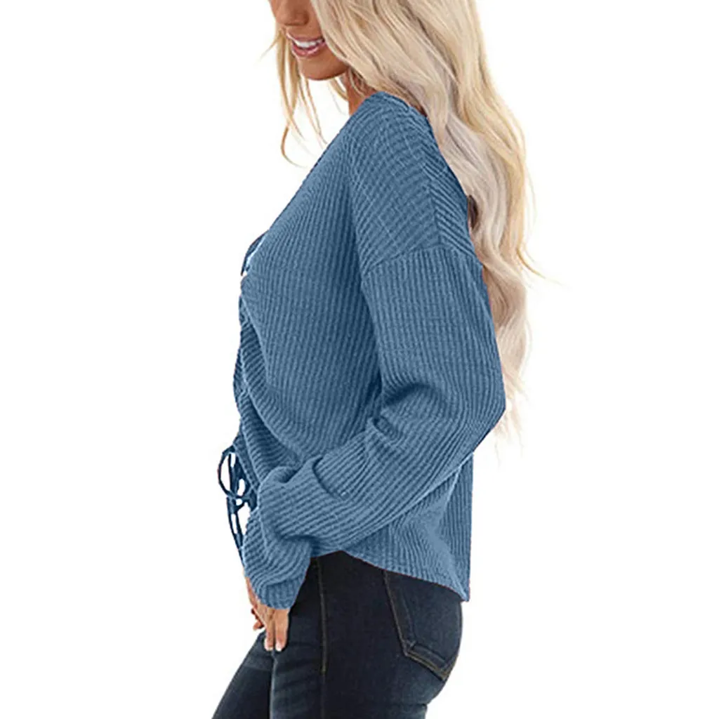  Womens Casual V Neck Solid Tops Long Sleeve Drawstring Tie Front T Shirts Top Long Sleeve Drawstrin