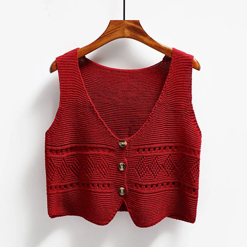 

Red Spring Korean Japan V-neck Knit Sleeveless Sweater Short Vest Loose Coat Outcoat Waistcoat Lady Top Cloth for Women girl