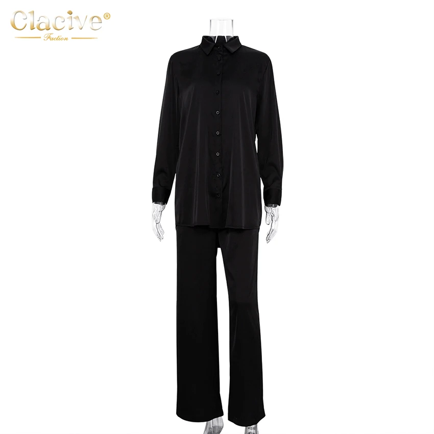 dressy pant suits Clacive Fashion Black Wide Trouser Suits Casual Blouse Office Two Piece Set Women suit set