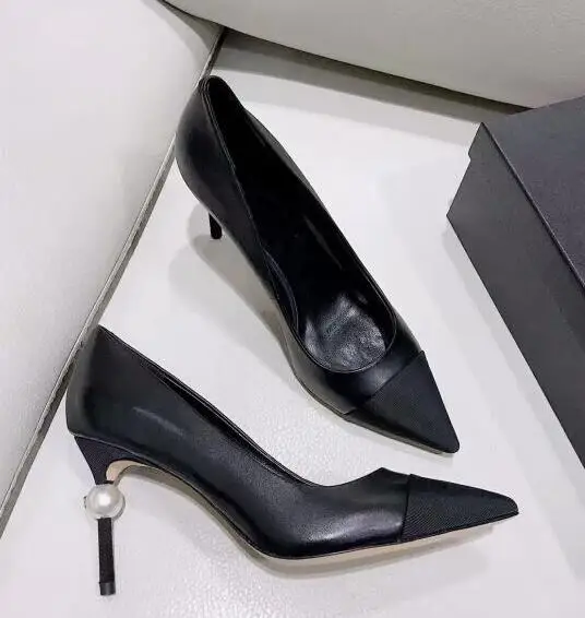 

BONJEAN Sexy Pointed Toe High Heel Shoes Woman Black Leather Thin Heels Pumps White Pearls Decorations Party Dress heels