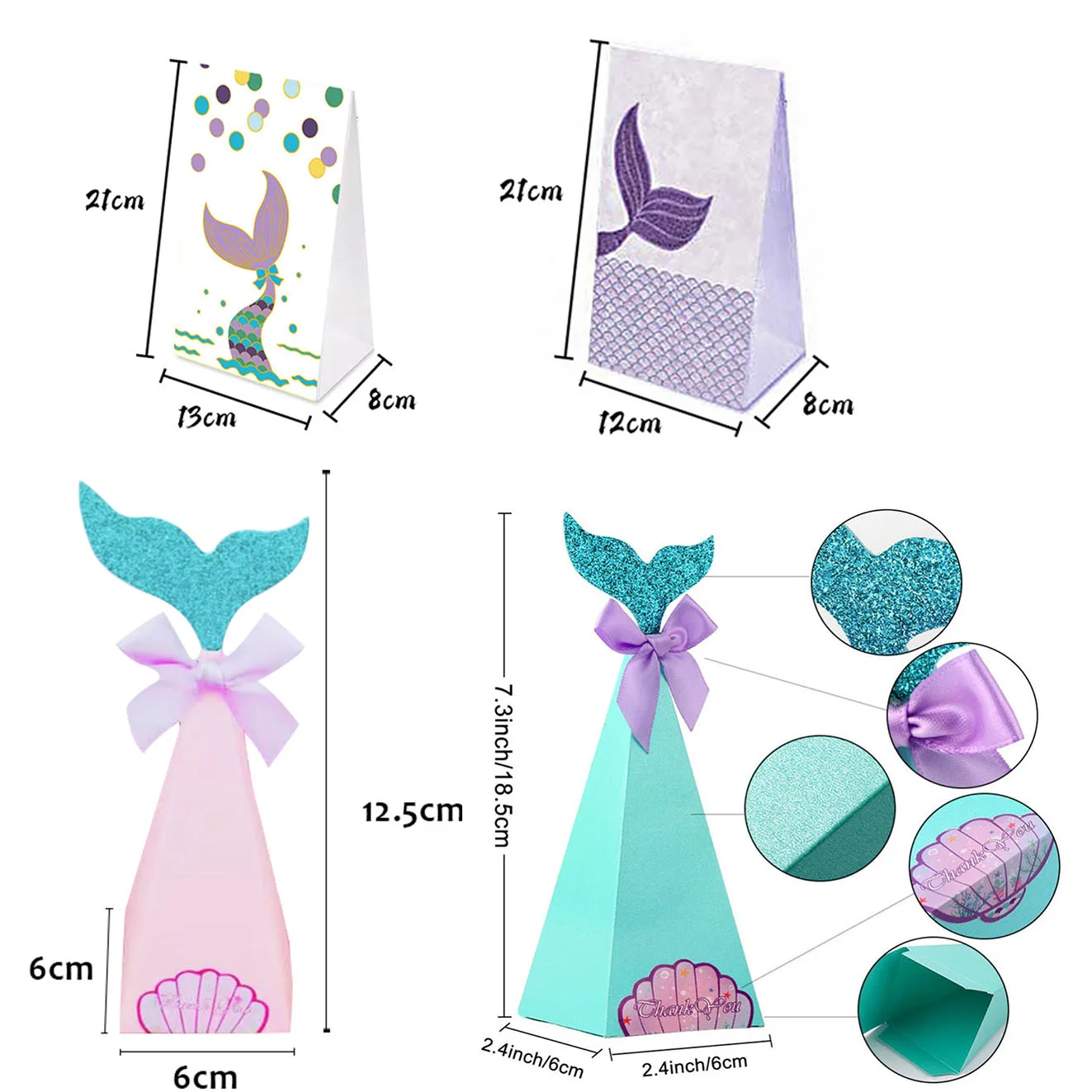 12×Mermaid Gift Bags Candy Boxes Mermaid Party Popcorn Holder Bag Kids Birthday 