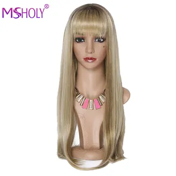 

Long Straight Brown Golden Blonde Synthetic Wigs with Bangs Resistant Synthetic Wigs for Women Daily Cosplay Fashion Wigs Msholy