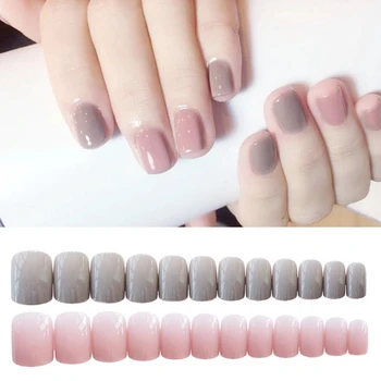 

24Pcs/set Cute Sweet Light Gray Powder Jumping Square Head Solid Color Fake Nails Finished False Nail Tips Manicure Beauty Tools