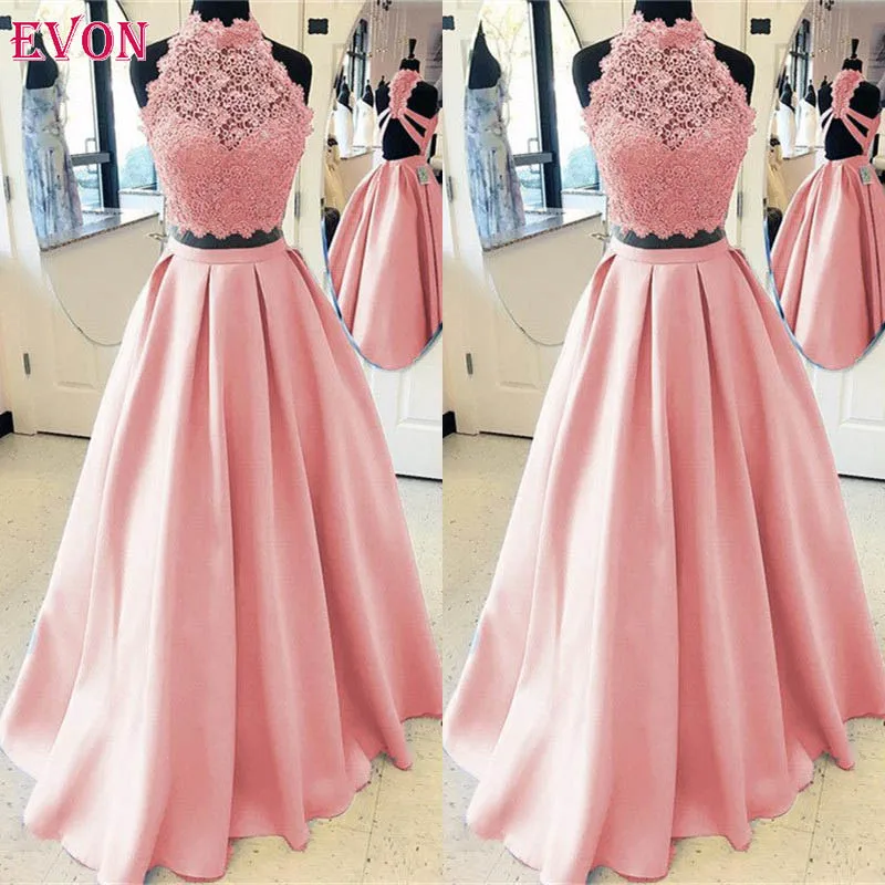 Vestidos De Fiesta Largos Elegantes De gala розовое платье из двух частей ТРАПЕЦИЕВИДНОЕ платье для выпускного вечера Длинные кружевные платья - Цвет: Розовый