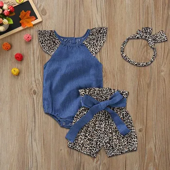 

ubranka dla niemowlat Infant Baby Girls Denim Jumpsuit Romper+ Leopard Print Shorts+Headbands Outfits baby clothes set