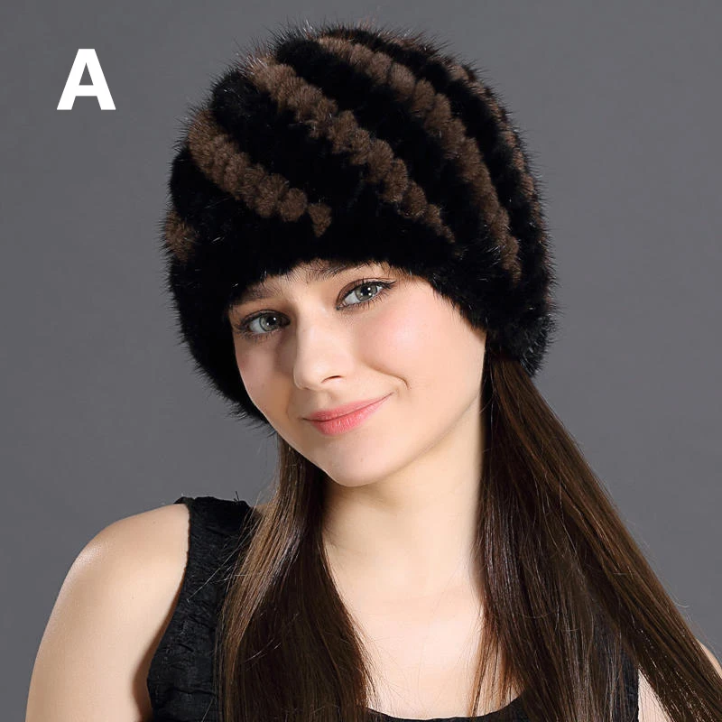1 New Winter Lady Knitted Mink Fur Beanies Hat Knit Warm Striped Autumn Faux Fur Caps Women Good Elastic Streetwear Hat - Цвет: 1